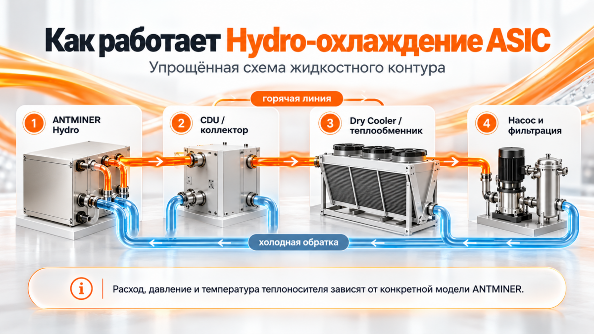 Схема работы жидкостного охлаждения Bitmain Antminer Hydro