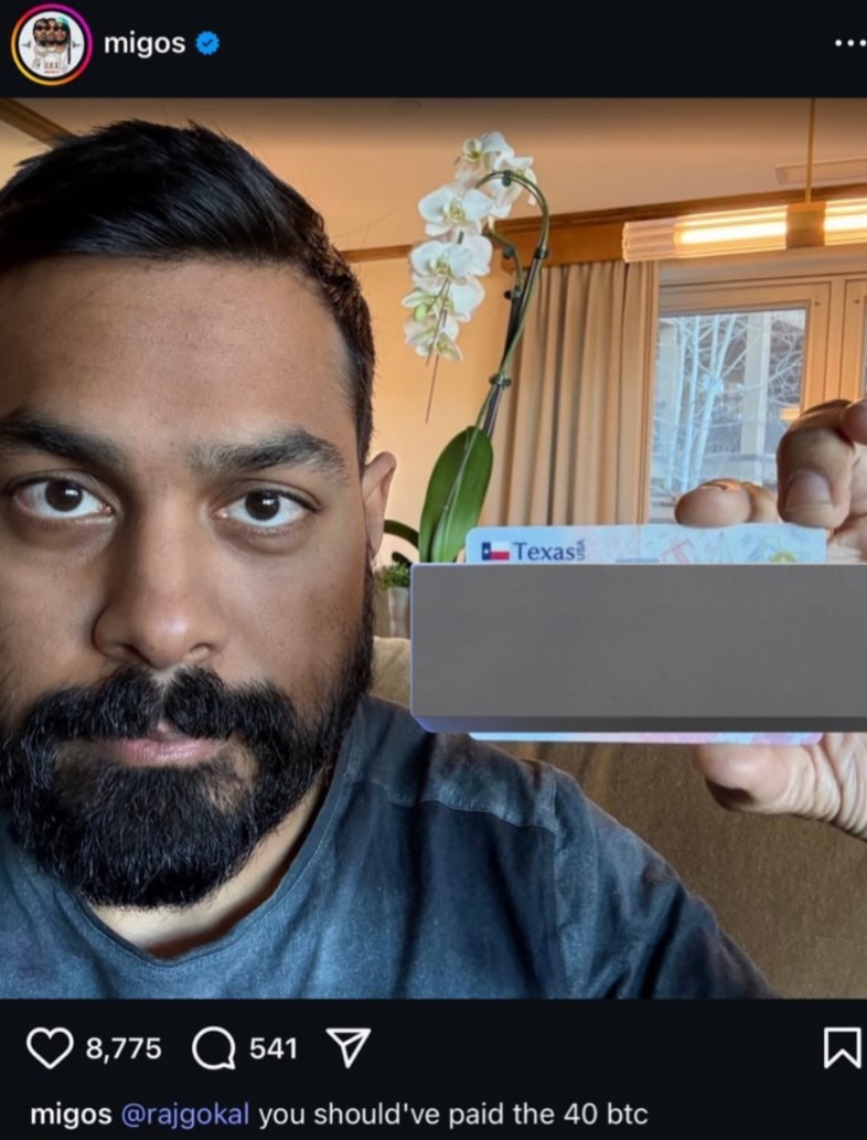 Букеле показал кошелек. Сколько Сальвадор заработал на росте биткоина Пост с фотографией Раджа Гокала в аккаунте группы Migos с 13 млн подписчиков. Источник: Instagram (входит в корпорацию Meta, признана экстремистской и запрещена в России)